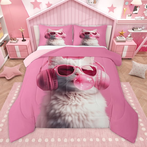 Manfei Cute Animal Cat 3-Piece Full Size Comforter Sets for Boys Girls,Cartoon Pet Bedding Comforter Set,Music Theme Lightweight Bedding Sets,Lightweight Room Decor,Reversible