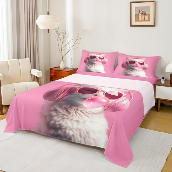 Manfei Cute Animal Cat 4pcs Bed Sheets for Boys Girls,Cartoon Pet King Sheets,Music Theme Super Cozy Sheet Set,Lightweight Room Decor