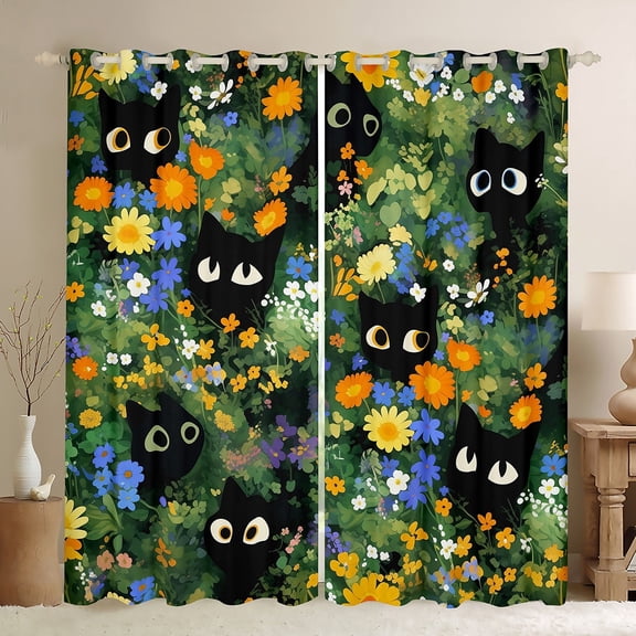 Manfei Cute Animal Curtains and Drapes (42x84), Black Cat Kitten Curtains Pack of 2, Jungle Botanical Black Out Curtains, Super Cozy Bedroom Decoration