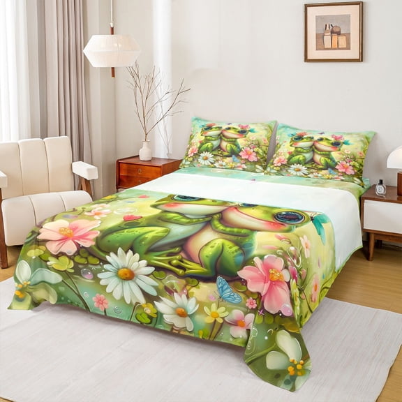 Manfei Cute Animal Frogs Boy Girl Full Size Sheets 4-Piece,Spring Garden Breathable Bed Sheets,Valentine Couple Lover Lightweight Sheet Sets,Lightweight Room Decor