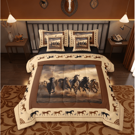 Manfei Cute Animal Horse 7 Pieces Bedding Comforter Set Galloping Horse Kawaii Farm Cowboy Full Bedding Set,Brown Reversible