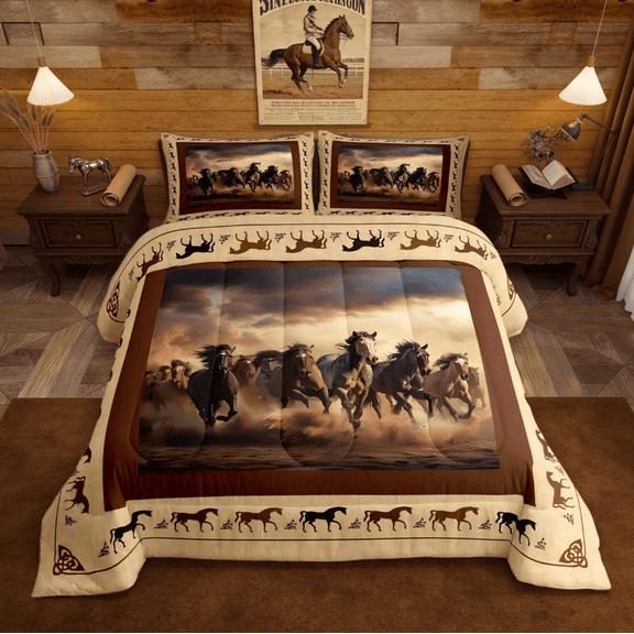 Manfei Cute Animal Horse Full Size Comforter Sets Galloping Horse Kawaii Farm Cowboy Bedding Sets,Brown 3 Pieces
