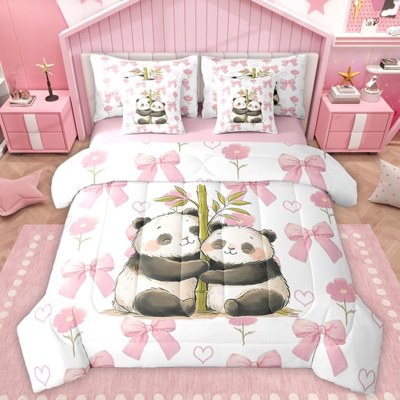 Manfei Cute Animal Panda Bedding Comforter Set 7 Pieces for Kids, Kawaii Bowknot Flower Full Bedding Set, Cartoon Love Heart Reversible Fitted Sheet Flat Sheet, Microfiber Bedroom Decor