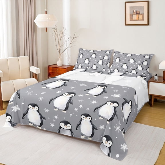 Manfei Cute Animal Penguin 3pcs Twin Sheet Sets for Boys Girls,Winter Snowflake Twin Fitted Sheet,Happy Xmas Christmas Breathable Flat Sheet,Lightweight Room Decor