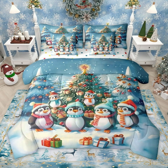 Manfei Cute Animal Penguin 7-Piece Bedding Comforter Set for Boys Girls,Xmas Tree King Bedding Sets,Happy Winter Christmas Ultra Soft Bed Sheets,Lightweight Room Decor,Reversible