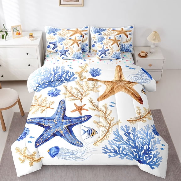 Manfei Cute Animal Starfish 7-Piece Twin Bedding,Calm Ocean Plant Bedding Comforter Set,White Blue,Colorful Stars Reversible