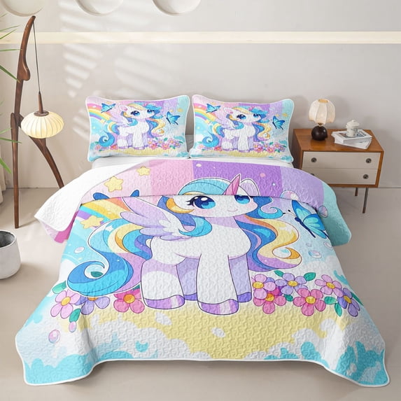 Manfei Cute Animal Unicorn Quilt King,Colorful Cartoon Butterfly Flowers King Coverlet Set,3pcs