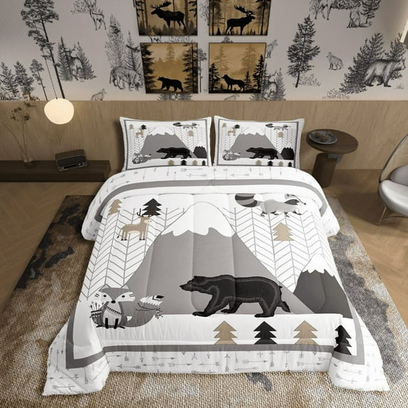 Manfei Cute Animals 3-Piece Full Size Comforter Set,Cartoon Fox Bear Bedding Set for Kids Girls Women Adults,Mountains and Trees Comforter Kids Cartoon Quilted Duvet Set Bedroom Collection