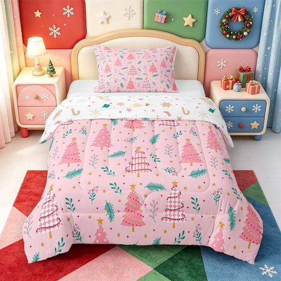 Manfei Cute Animals Twin Comforter Sets,Christmas Print Bedding Set,Xmas Reversible,2pcs,1 Comforter and 1 Pillowcase