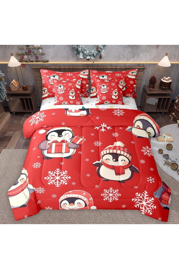 Cute Antarctic Penguin Bedding Comforter Set 7pcs, Dreamy Winter Snowflake King Bedding Sets, Kawaii Animal Reversible Bed Sheets, Super Cozy Room Decor
