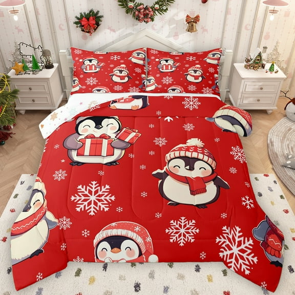 Manfei Cute Antarctic Penguin Queen Comforter Set, Dreamy Winter Snowflake Bedding Sets, Kawaii Animal Reversible Bedding Comforter Set, Super Cozy Room Decor, 3-Piece