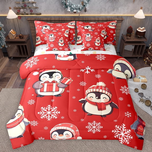 Manfei Cute Antarctic Penguin Twin Bedding Sets 7-Piece, Dreamy Winter Snowflake Bedding Comforter Set, Kawaii Animal Reversible Sheet Sets, Super Cozy Room Decor