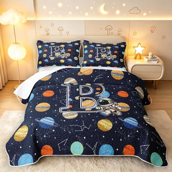Manfei Cute Astronaut Initial B Bed Spread Queen,Cosmic Space Stars Queen Coverlet Set,Dark Blue,Navy Blue Reversible,3 Pieces,1 Quilt and 2 Pillowcases
