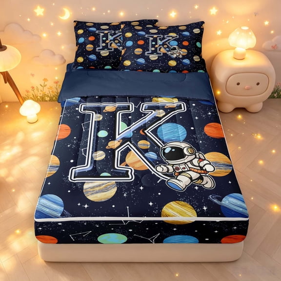 Manfei Cute Astronaut Monogram K Zipper Full Size Comforter Sets with Fitted Sheet and 2 Pillowcases,Celestial Galaxy Zipper Bedding Set,Dark Blue,Navy Blue Reversible,4pcs