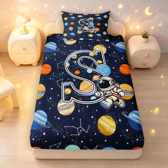 Manfei Cute Astronaut Monogram S Fitted Sheet Full,Celestial Night Sky Bed Set,Dark Blue,3pcs