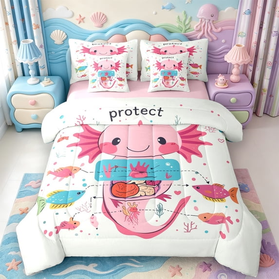 Manfei Cute Axolotl 7-Piece Twin Bedding,Kawaii Ocean Animal Bedding Comforter Set,Pink Reversible