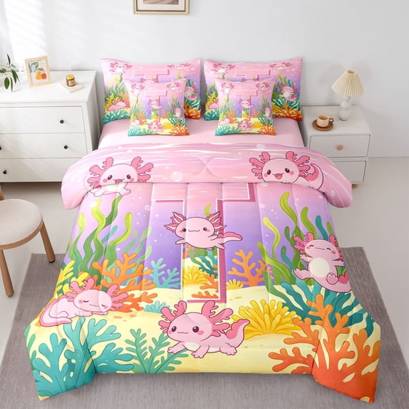 Manfei Cute Axolotl 7-Piece Twin Bedding,Monogrammed T Print Bedding Comforter Set,Pink,Pink Reversible