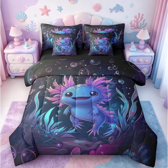 Manfei Cute Axolotl 7-Piece Twin Bedding Sets,Cartoon Axolotl Bedding Comforter Set,Blue Ocean Animal Sheet Sets,Underwater World Wildlife Sheet Set With Comforter For Kids Room Decor Reversible