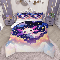 Manfei Cute Axolotl Bedding Comforter Set 2pcs for Kids, Glitter Stars Galaxy Twin Comforter Sets, Kawaii Animal Bedding Set, Luxury Bedroom Decor