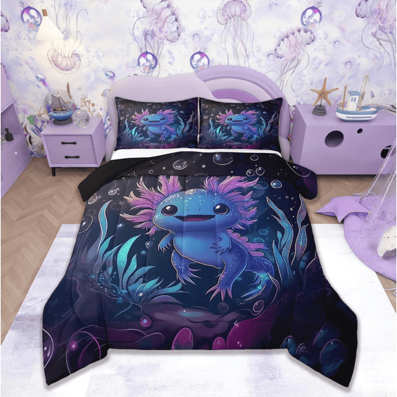 Manfei Cute Axolotl Bedding Comforter Set,Cartoon Axolotl Twin Comforter Sets,Blue Ocean Animal Bedding Set,Underwater World Wildlife Sheet Set With Comforter For Kids Room Decor Reversible,2pcs
