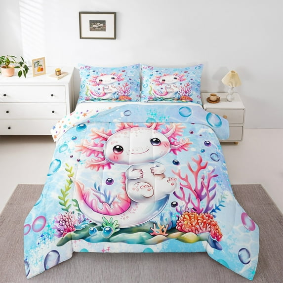 Manfei Cute Axolotl Bedding Queen Comforter Set,Colorful Ocean Sealife Down Comforter,Coral Shell Bedding Sets Queen with Comforter For Girls,Ultra Soft Room Decoration Reversible,3 Pieces