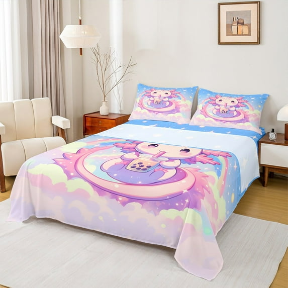 Manfei Cute Axolotl Full Size Sheets 4pcs for Girls, Boba Tea Rainbow Stars Bed Sheets, Cartoon Wildlife Sheet Sets, Breathable Home Decor