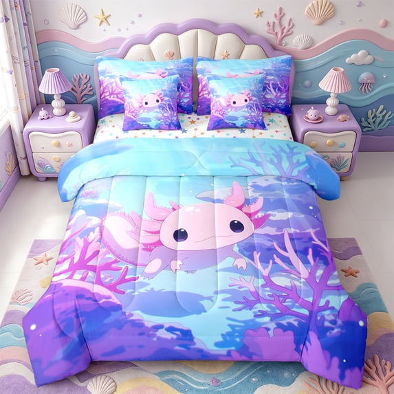 Manfei Cute Axolotl Print 7-Piece King Bedding,3D Printed Salamander King Bed in a Bag,Colorful Stars Reversible