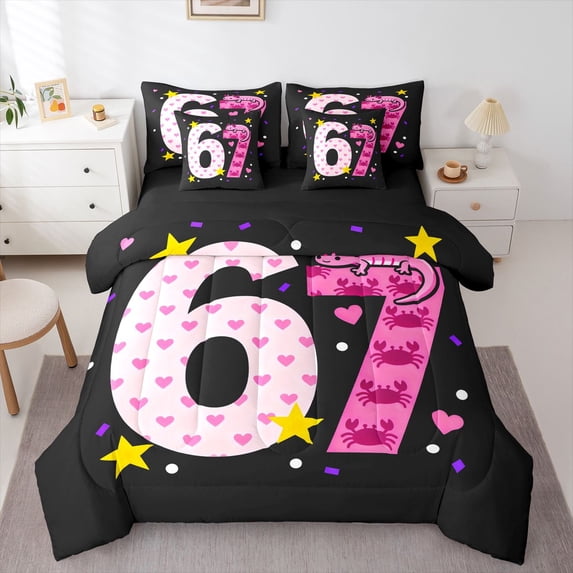 Manfei Cute Axolotl Queen Bedding,67 Number Design Bedding Comforter Set Queen For Girls,Pink Black,Black Reversible,7pcs