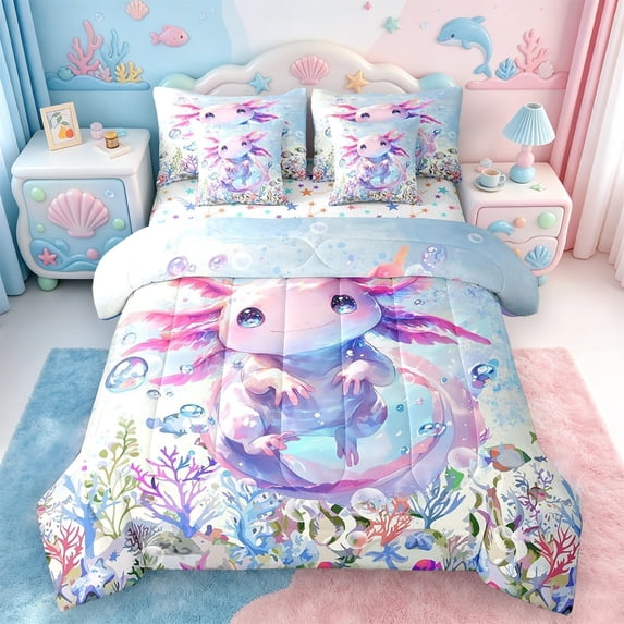 Manfei Cute Axolotl Salamander Twin Bedding Sets 7-Piece,Ocean Sea Aninal Bedding Comforter Set,Watercolor Sealife Coral Sheet Sets For Girl Teens,Luxury Bedroom Decor,Reversible