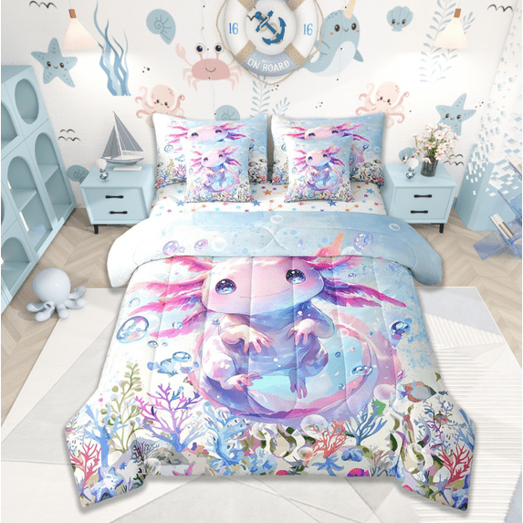 Manfei Cute Axolotl Salamander Twin Bedding Sets 7-Piece,Ocean Sea Aninal Bedding Comforter Set,Watercolor Sealife Coral Sheet Sets For Girl Teens,Luxury Bedroom Decor,Reversible