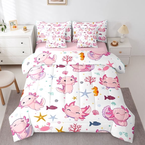 Manfei Cute Axolotl Twin Bedding,Sea Life Seamless Bedding Comforter Set For Girls,Pink White,Pink Reversible,7pcs