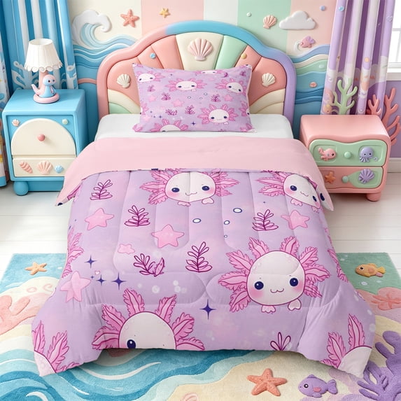 Manfei Cute Axolotl Twin Comforter Sets,Ocean Amphibian Print Bedding Set,Pink Reversible,2 Pieces,1 Comforter and 1 Pillowcase