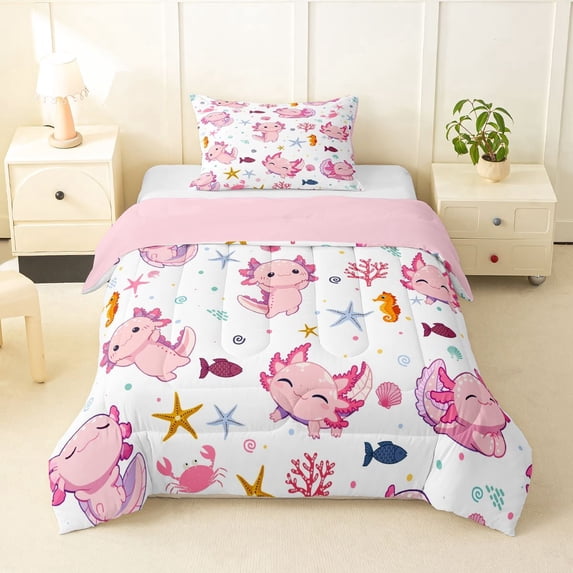 Manfei Cute Axolotl Twin Comforter Sets,Sea Life Seamless Bedding Set For Girls,Pink White,Pink Reversible,2pcs,1 Comforter and 1 Pillowcase
