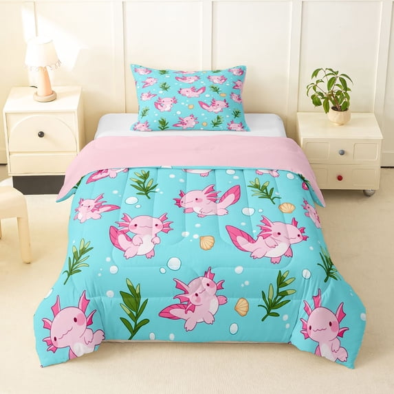 Manfei Cute Axolotl Twin Comforter Sets,Seamless Seaweed Print Bedding Set For Girls,Light Pink Blue,Pink Reversible,2-Piece,1 Comforter and 1 Pillowcase
