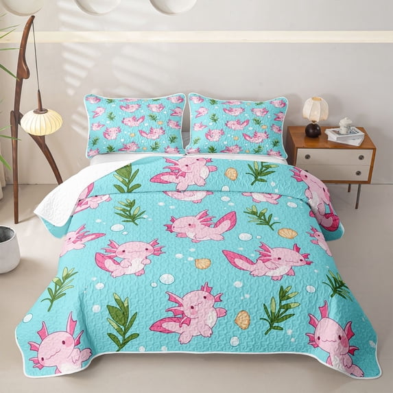 Manfei Cute Axolotl Twin Quilt Set,Seamless Seaweed Print Twin Coverlet Set For Girls,Light Pink Blue,2pcs