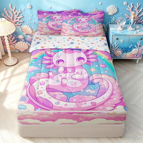 Manfei Cute Axolotl Zipper Full Size Comforter Sets with Fitted Sheet and 2 Pillowcases, Moon Rainbow Sky Zipper Bedding Set, Pink Purple, Stars Reversible, 4-Piece