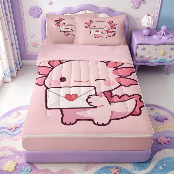 Manfei Cute Axolotl Zipper Twin Comforter Sets with Fitted Sheet and 2 Pillowcases,Kawaii Animals Pattern Zipper Bedding Set,Pink Reversible,4pcs