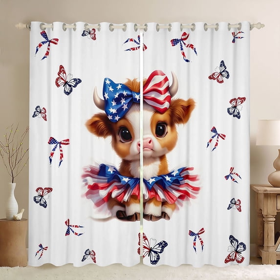 Manfei Cute Baby Cow Kitchen Curtains, Butterfly Bow Black Out Curtains Pack of 2 (42x63 Each), Red White Blue