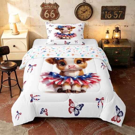 Manfei Cute Baby Cow Twin Comforter Sets, Butterfly Bow Bedding Set, Red White Blue, Colorful Stars Reversible 2pcs, 1 Comforter and 1 Pillowcase