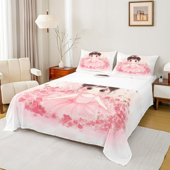 Manfei Cute Ballerina Full Size Sheets for Girls, Ballet Princess Bed Sheets, Chic Pink Floral Sheet Sets, Super Cozy Room Decor 4 Pieces