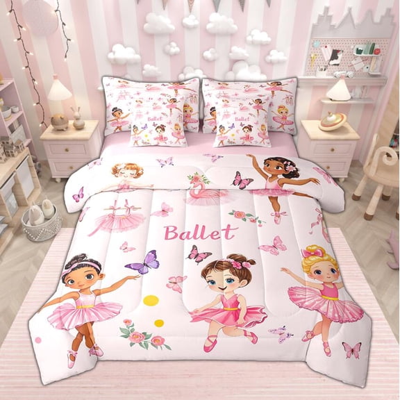 Manfei Cute Ballet Girl Bedding Comforter Set 7-Piece for Child, Dance Princess King Bedding Sets, Pink Butterfly Bed Sheets, Super Cozy Bedroom Decor