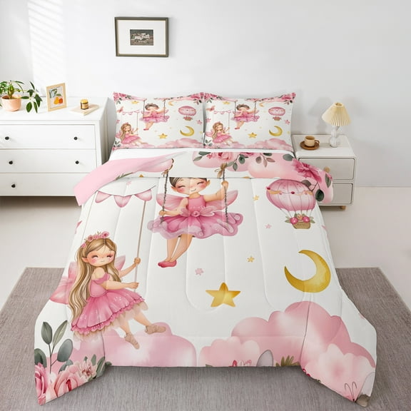 Manfei Cute Ballet Princess Bedding Comforter Set,Pink Girl Twin Comforter Sets,Cartoon Hot Air Balloon Bedding Set For Kids,Luxury Bedroom Decor Reversible,2 Pieces