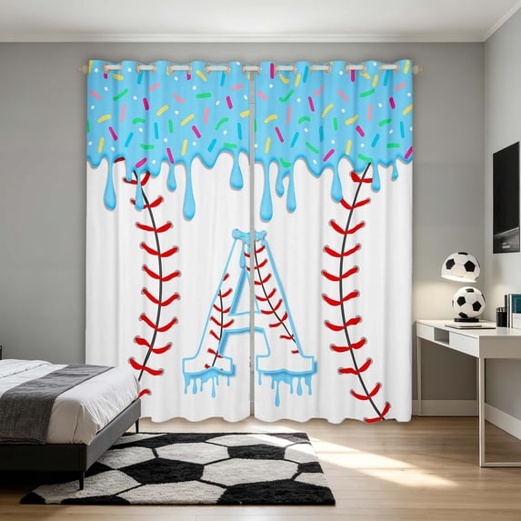 Manfei Cute Baseball Blackout Curtains, Cartoon Personalized Initial AWindow Curtains Pack of 2 (38x45 Each), Light Blue A
