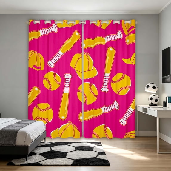 Manfei Cute Baseball Blackout Curtains Set of 2 (52x84 Each), Sport Curtain, Hot Pink Yellow