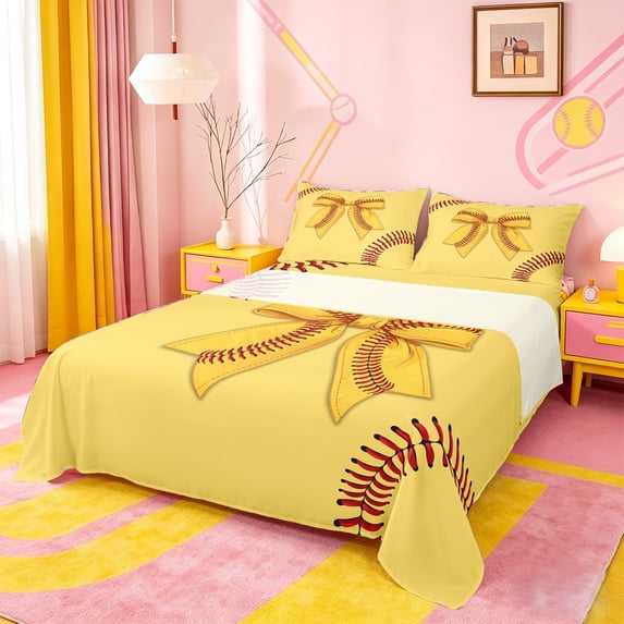 Manfei Cute Baseball Bow Queen Sheet Sets For Kids,3D Cartoon Bowknot Print Bed Set For Girls Boys,4 Pieces