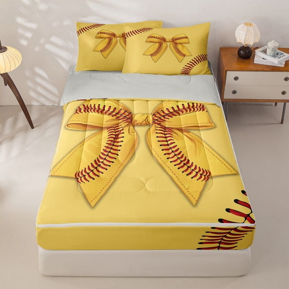 Manfei Cute Baseball Bow Zipper Twin Comforter Sets with Fitted Sheet and 2 Pillowcases For Kids,3D Cartoon Bowknot Print Zipper Bedding Set For Girls Boys,Light Gray Reversible,4 Pieces