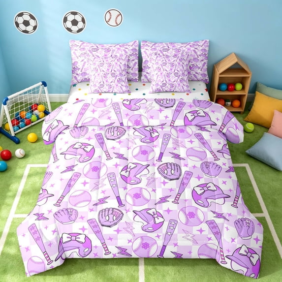 Manfei Cute Baseball Full Size Bedding Sets, Sport Full Size Bed in a Bag, Purple Pink Baseball, Polka Dots Reversible 7pcs