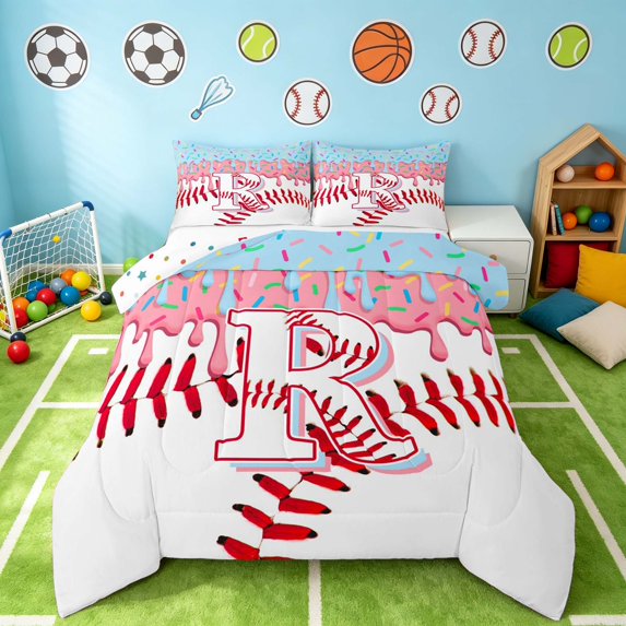 Manfei Cute Baseball Full Size Comforter Sets, Cartoon Letter RBedding Comforter Set, Pink Light Blue R, Polka Dots Reversible 3pcs 1 Comforter and 2 Pillowcases