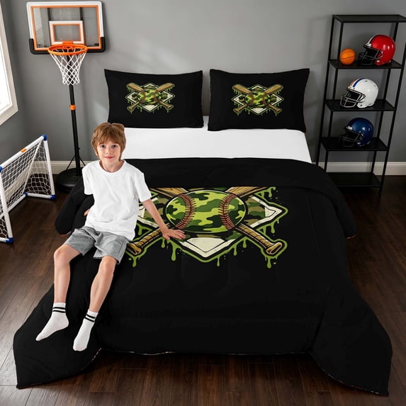 Manfei Cute Baseball Full Size Comforter Sets, Sport Camo Bedding Comforter Set, CamoGreen Black, Black Reversible 3 Pieces 1 Comforter and 2 Pillowcases