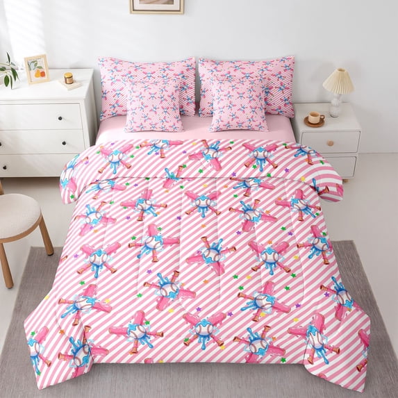 Manfei Cute Baseball Games Twin Bedding,Sport Themd Bedding Comforter Set For Girls,Pink Blue,Pink Reversible,7 Pieces